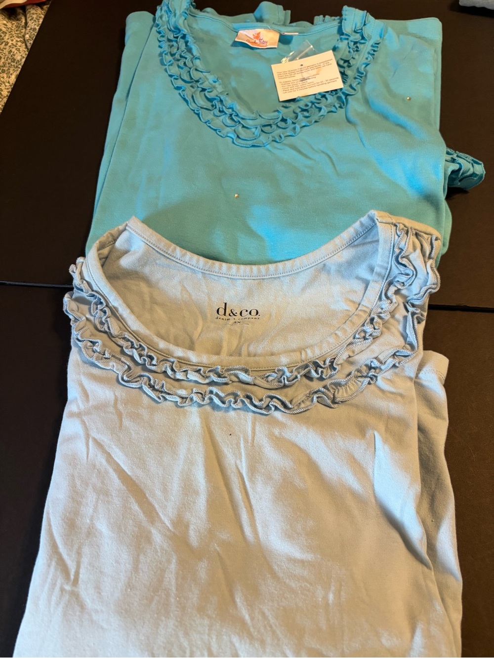 QVC Lot 2 Denim & Co Quacker Factory tops 3X Ruffle Pastel Blue Aqua Rhinestone